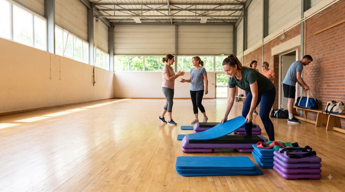Cours collectif de step en salle, rangée de steps synchronisée