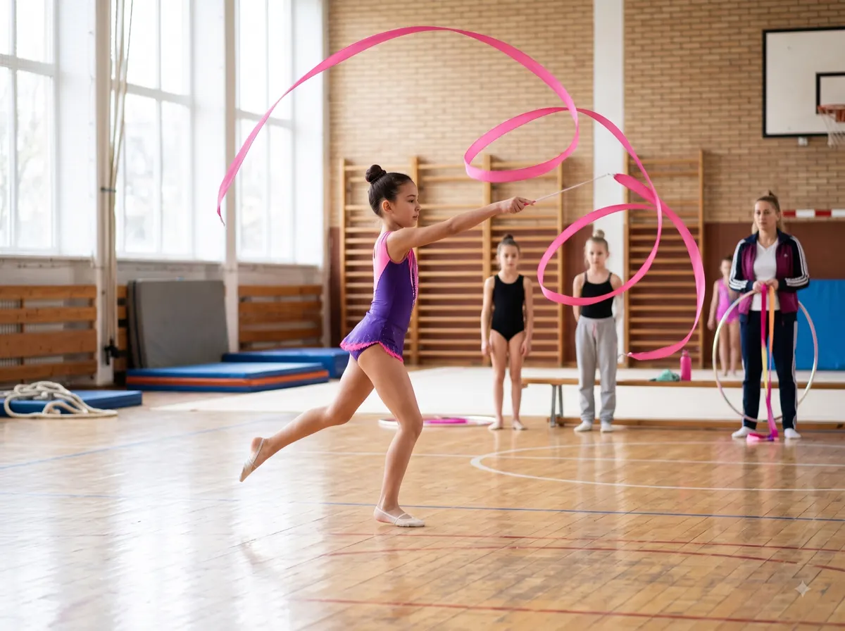 Une gymnaste en pleine figure de ruban pendant un cours de GRS