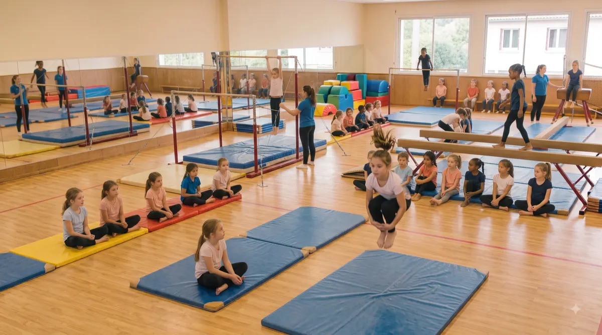 Séance de gymnastique aux agrès avec plusieurs ateliers (barres, poutre)
