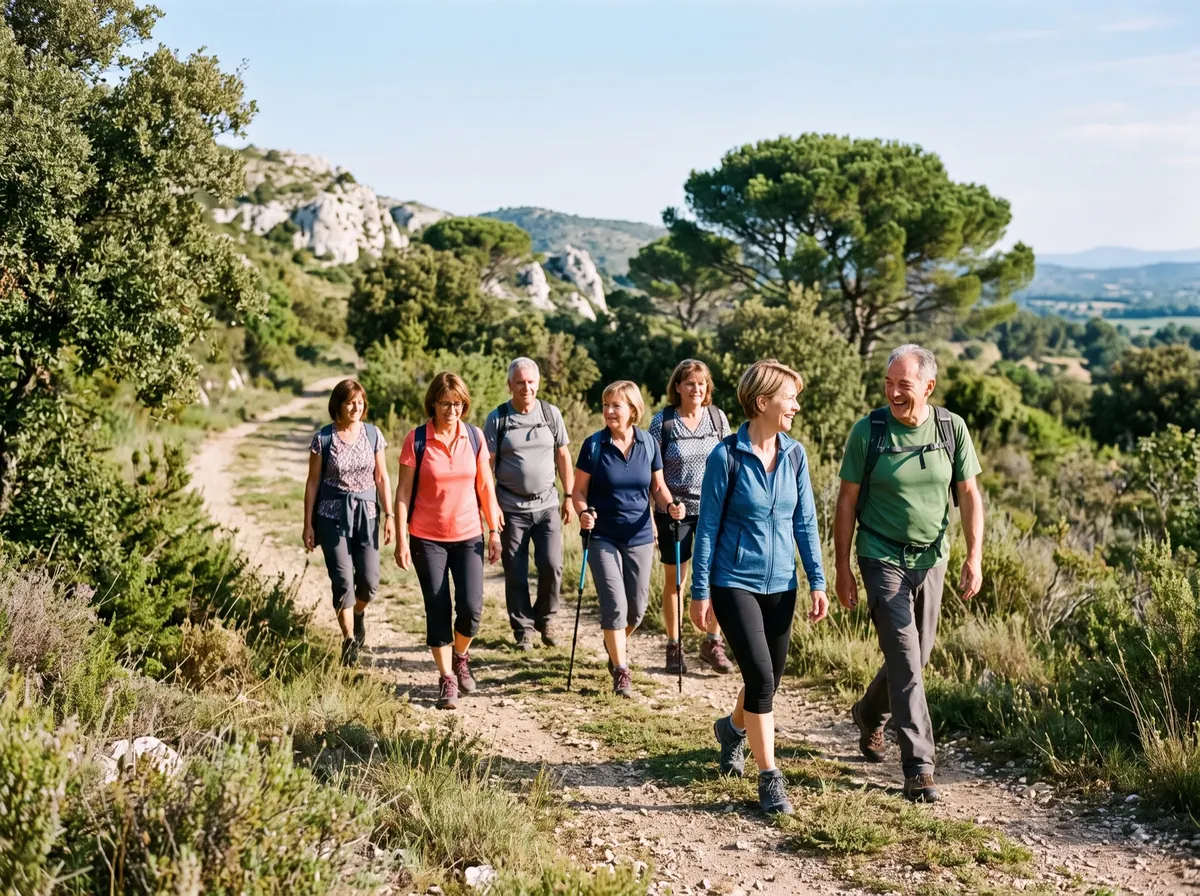 Groupe de marcheurs sur un sentier de garrigue provençale