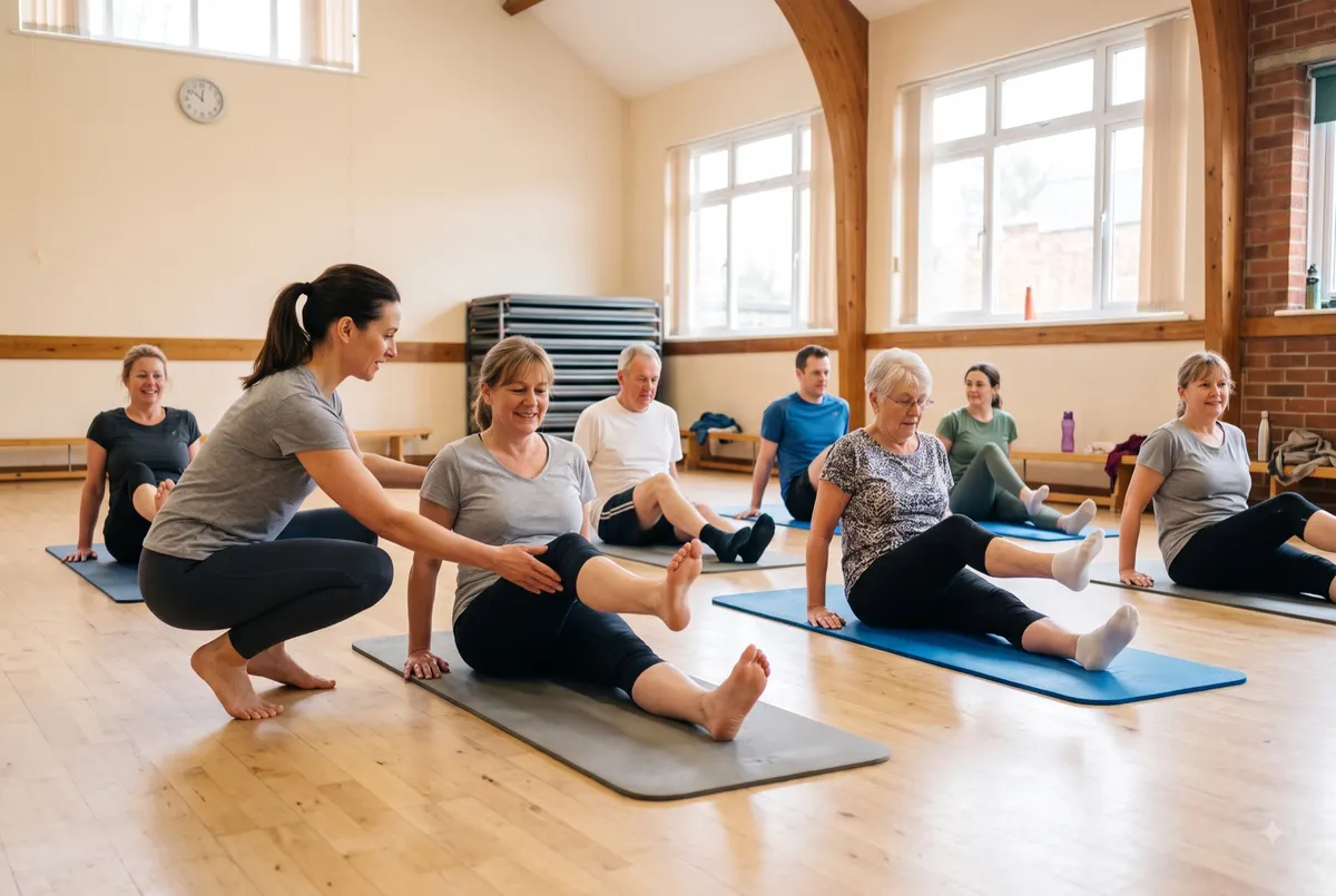 Cours de stretching au sol, éducatrice accompagnant un étirement