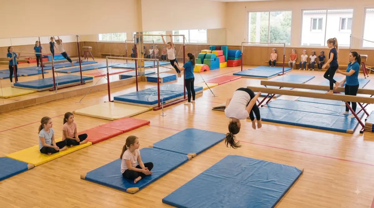 Groupe de jeunes gymnastes au sol pendant un cours pré-niveau