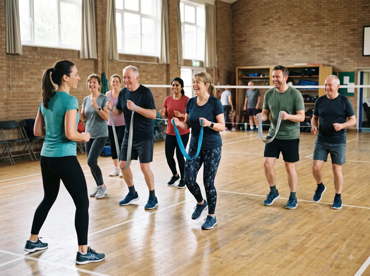 Cours de renforcement avec élastiques en salle collective