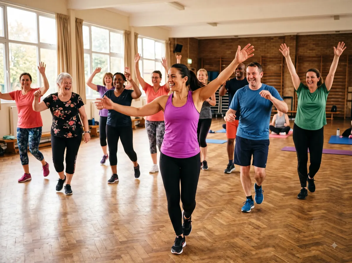 Cours collectif adultes, bras levés, ambiance conviviale