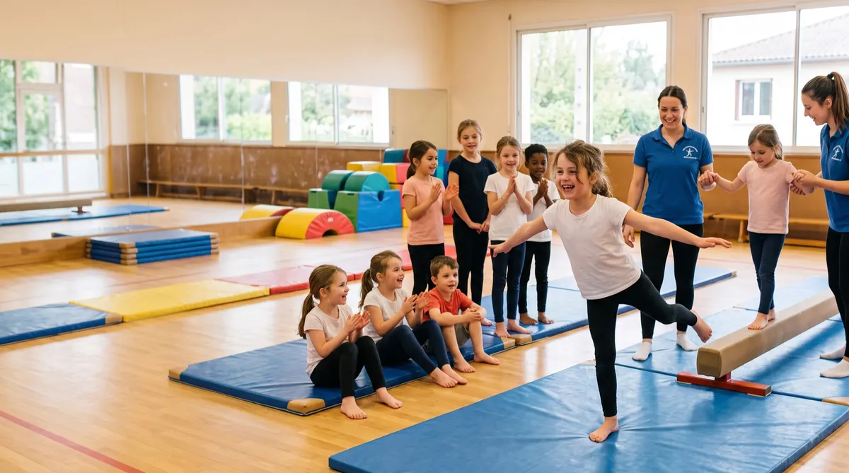 Une jeune gymnaste en pleine figure au sol, applaudie par son groupe